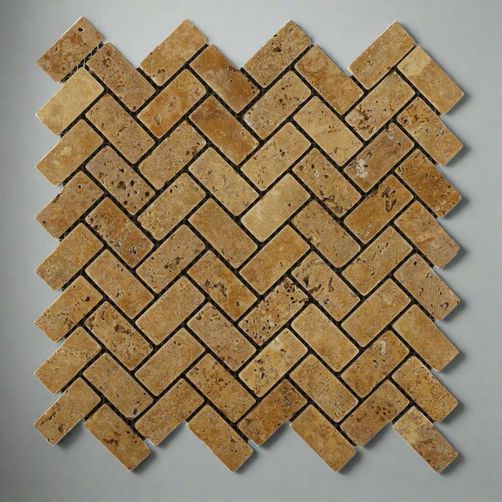 Gold / Yellow Travertine Tumbled 1 X 2 Herringbone Mosaic Tile-Travertine Mosaic-American Tile Depot