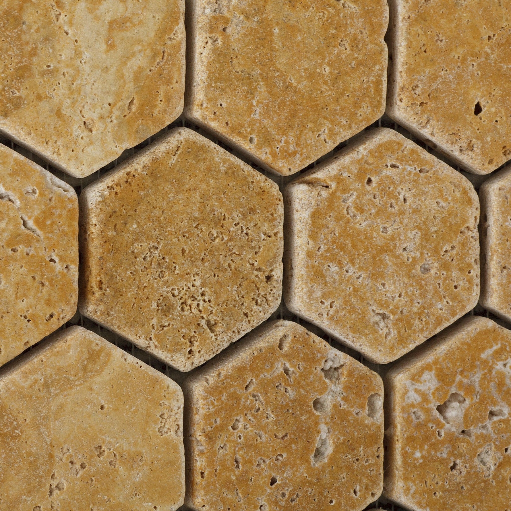 Gold / Yellow Travertine Tumbled 2'' Hexagon Mosaic Tile-Travertine Mosaic-American Tile Depot