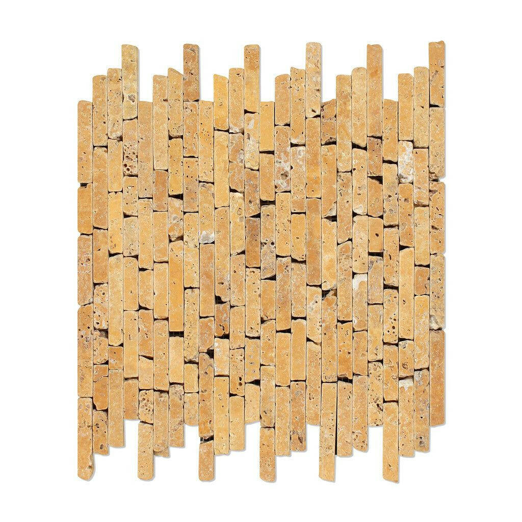 Gold / Yellow Travertine Tumbled Random Strip Mosaic Tile-Travertine Mosaic-American Tile Depot