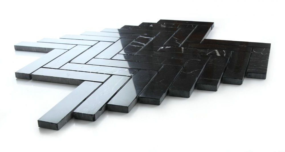 Herringbone Marquina Polished Marble Mosaic Tile-Marble Mosaic-American Tile Depot