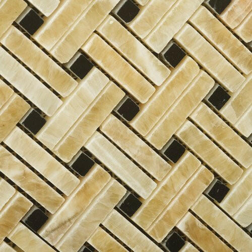 Honey Onyx Polished Stanza Basketweave Mosaic Tile w / Black Dots-Onyx Mosaic-American Tile Depot