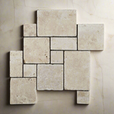 Ivory Travertine 4-Pieced OPUS Mini-Pattern Tumbled Mosaic Tile