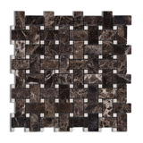 Emperador Dark Marble Polished Basketweave Mosaic Tile w/ Crema Marfil Dots