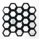 Oriental White / Asian Statuary Marble Honed 2" Vortex Hexagon Mosaic Tile w / Black