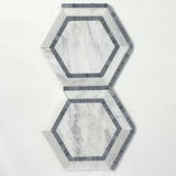 Oriental White / Asian Statuary Marble Polished 5" Hexagon Combination Mosaic Tile w / Blue