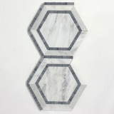 Oriental White / Asian Statuary Marble Polished 5" Hexagon Combination Mosaic Tile w / Blue