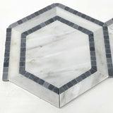 Oriental White / Asian Statuary Marble Honed 5" Hexagon Combination Mosaic Tile w / Blue