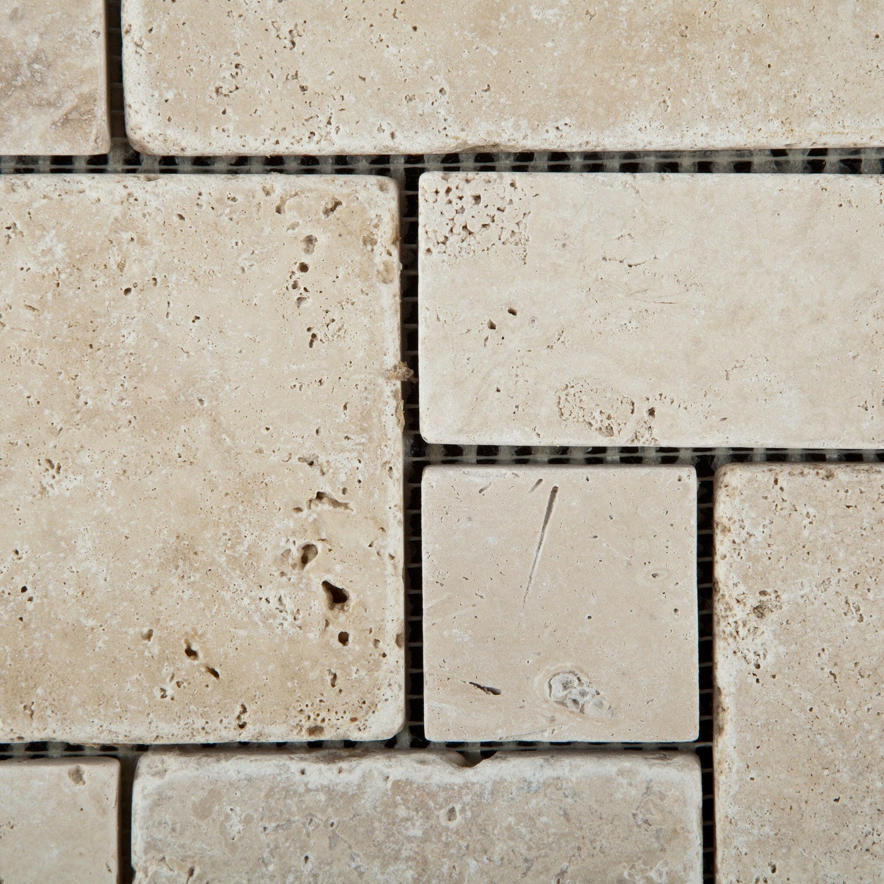 Ivory Travertine 4-Pieced OPUS Mini-Pattern Tumbled Mosaic Tile-Travertine Mosaic-American Tile Depot