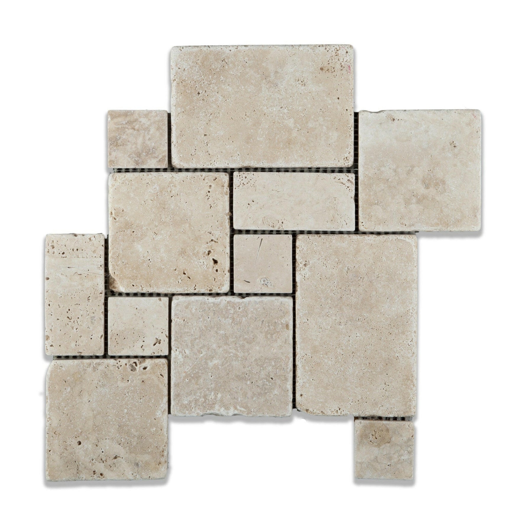 Ivory Travertine 4-Pieced OPUS Mini-Pattern Tumbled Mosaic Tile-Travertine Mosaic-American Tile Depot