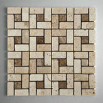 Ivory Travertine Tumbled (Large) Pinwheel Mosaic Tile w/ Noce Dots-Travertine Mosaic-American Tile Depot