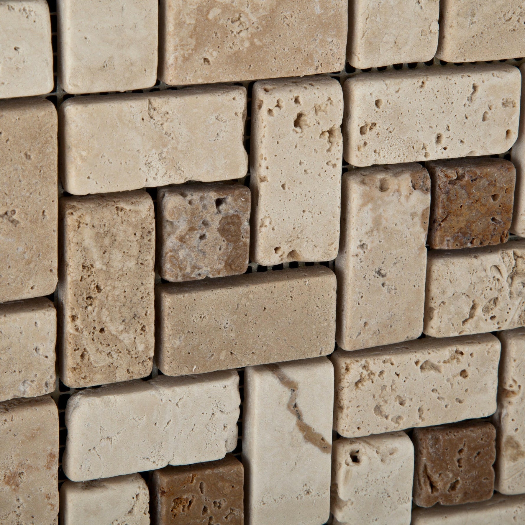 Ivory Travertine Tumbled (Large) Pinwheel Mosaic Tile w/ Noce Dots-Travertine Mosaic-American Tile Depot