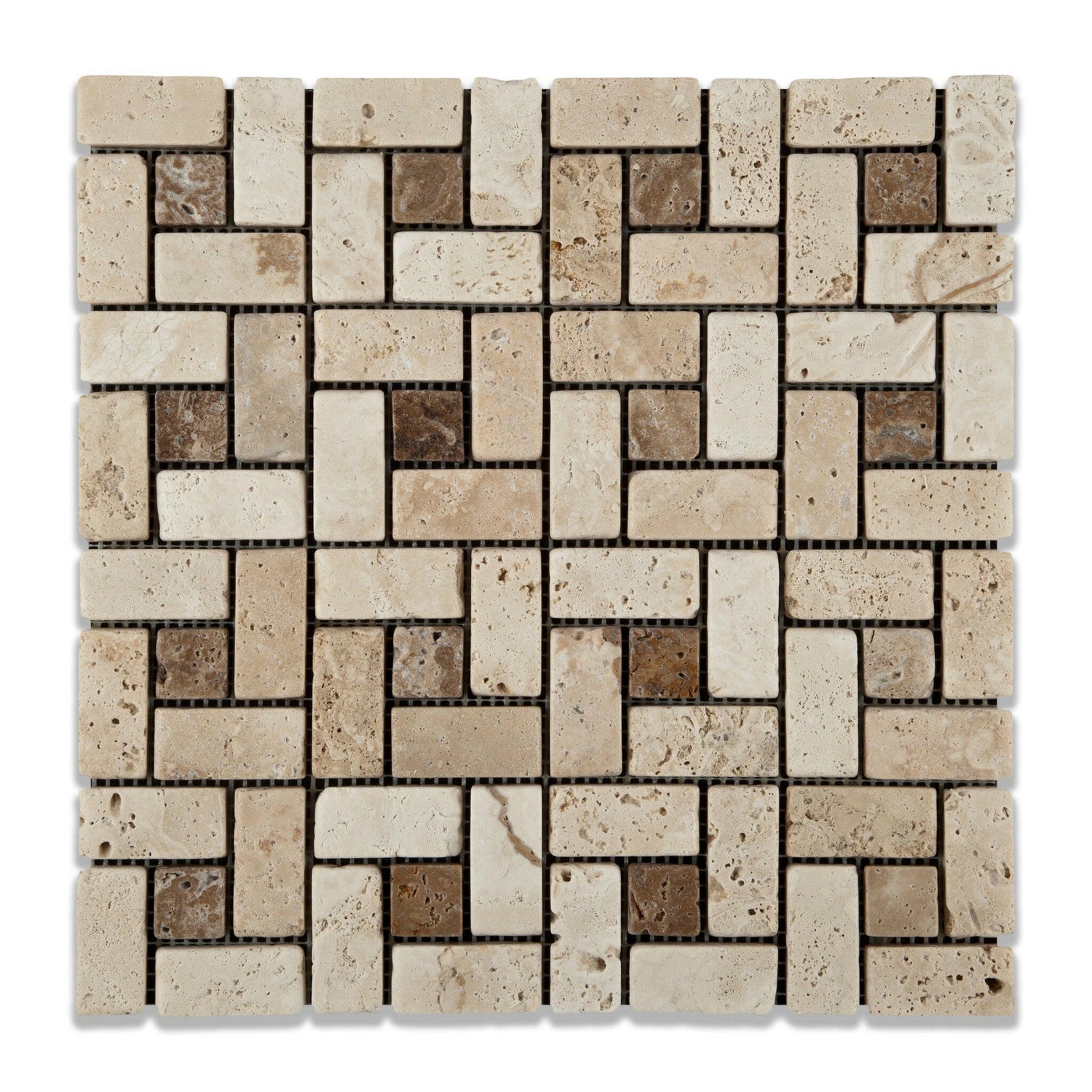 Ivory Travertine Tumbled (Large) Pinwheel Mosaic Tile w/ Noce Dots-Travertine Mosaic-American Tile Depot