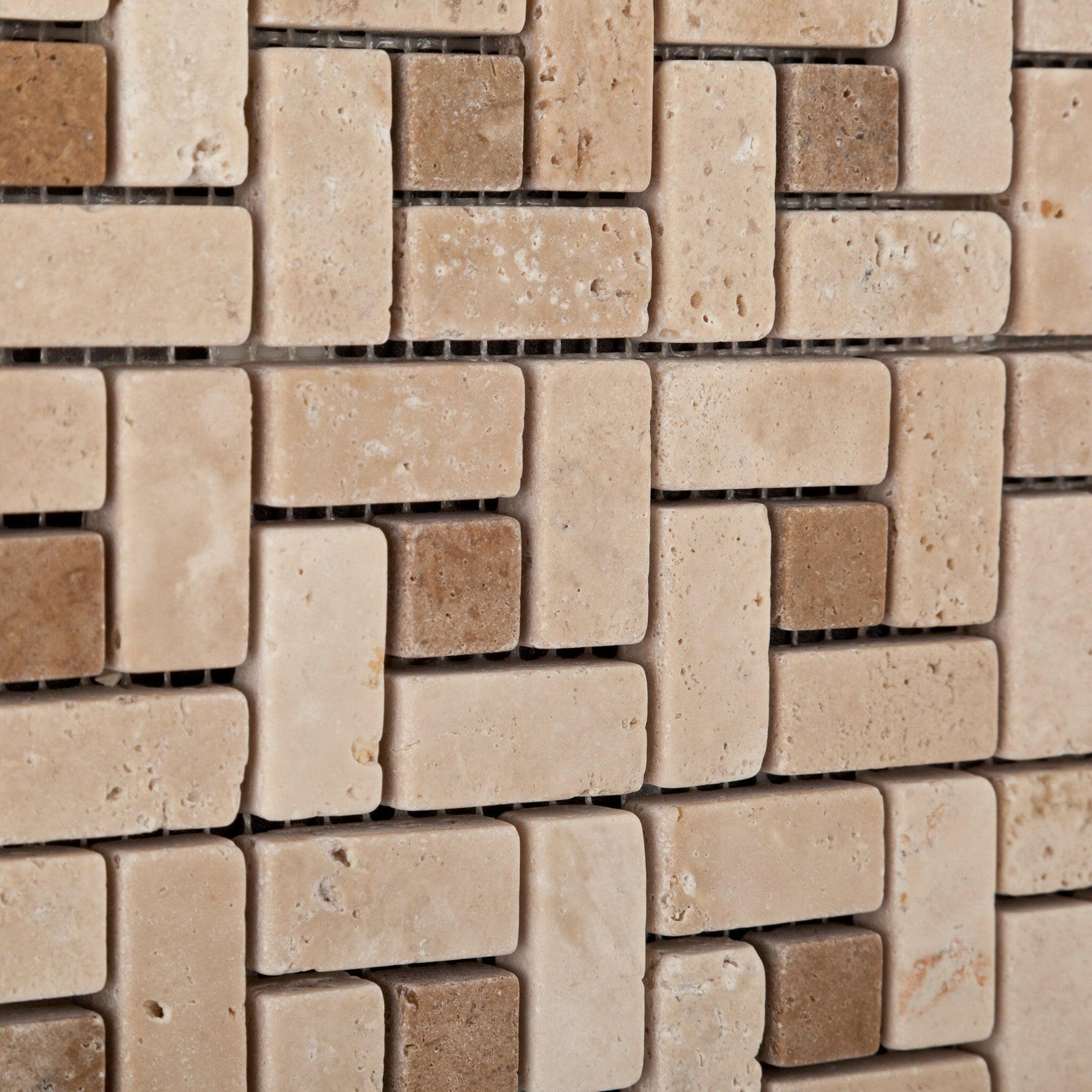 Ivory Travertine Tumbled Mini Pinwheel Mosaic Tile w/ Noce Dots-Travertine Mosaic-American Tile Depot