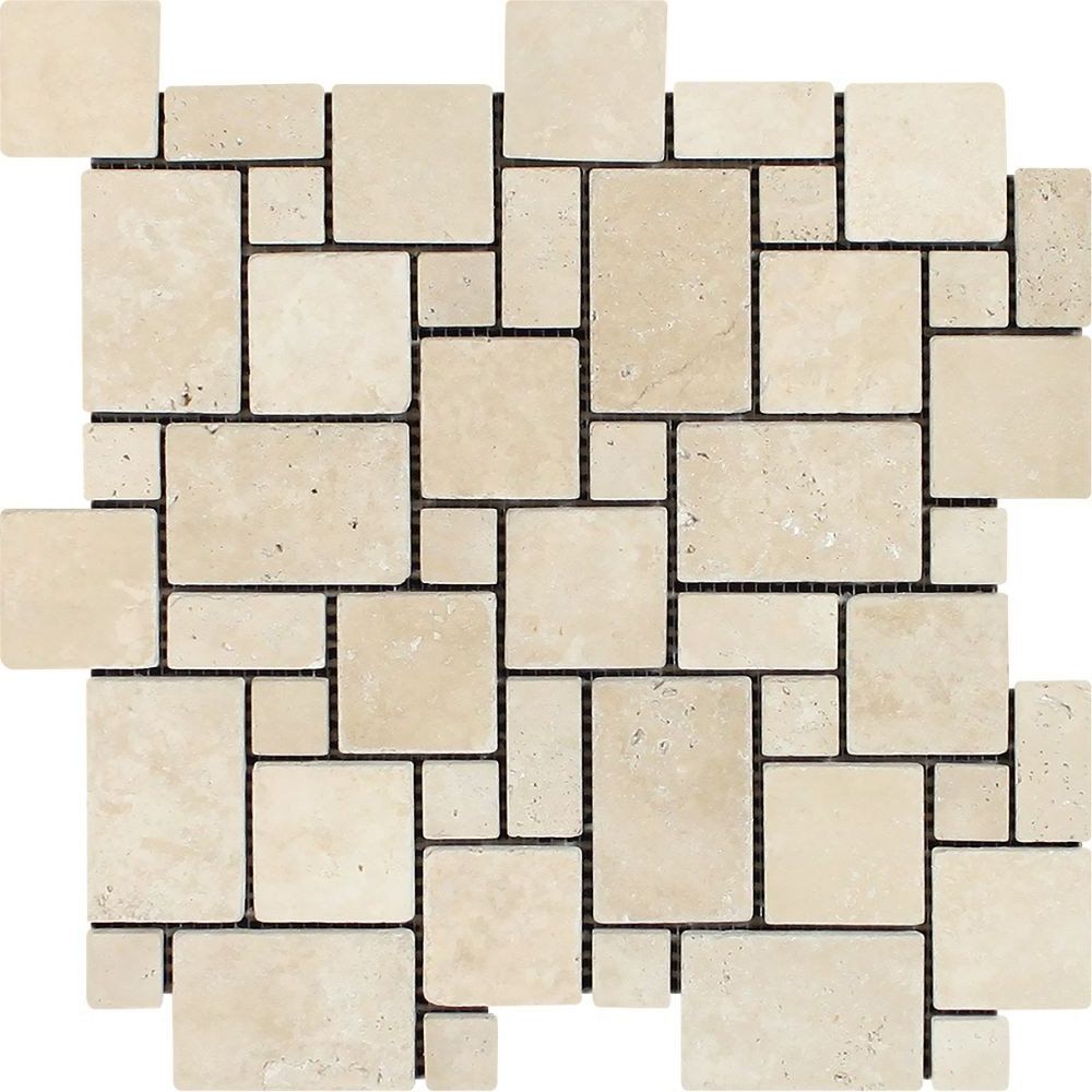 Ivory Travertine Tumbled Mini Versailles Mosaic Tile-Travertine Mosaic-American Tile Depot