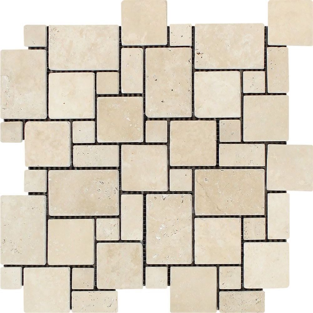 Ivory Travertine Tumbled Mini Versailles Mosaic Tile-Travertine Mosaic-American Tile Depot