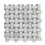 Carrara White Marble Polished Basketweave Mosaic Tile w/ Blue-Gray Dots