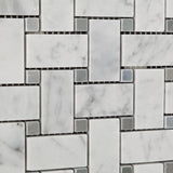 Carrara White Marble Polished Basketweave Mosaic Tile w/ Blue-Gray Dots