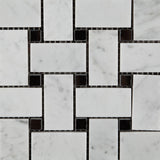 Carrara White Marble Polished Basketweave Mosaic Tile w/ Black Dots