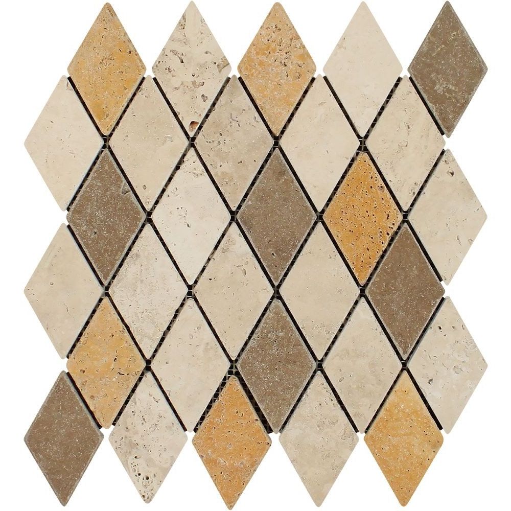 Mixed Travertine 2 X 4 Tumbled Diamond Mosaic Tile-Travertine Mosaic-American Tile Depot