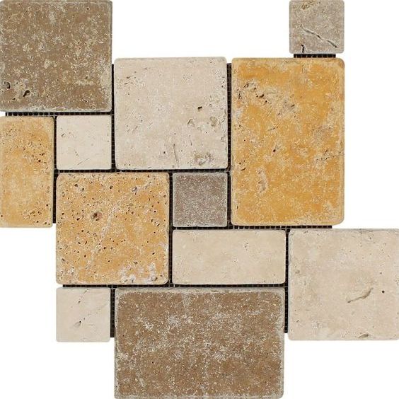 Mixed Travertine 4-Pieced OPUS Mini-Pattern Tumbled Mosaic Tile-Travertine Mosaic-American Tile Depot