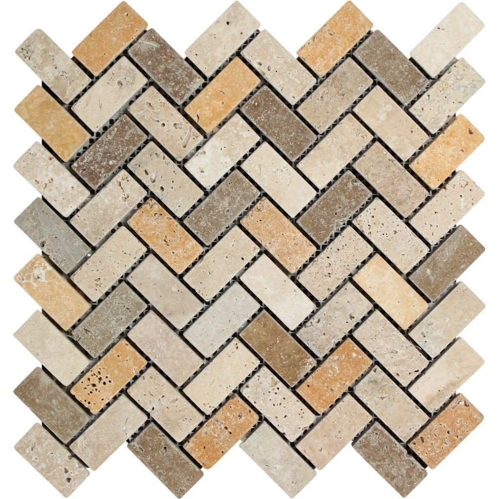 Mixed Travertine Tumbled 1 X 2 Herringbone Mosaic Tile-Travertine Mosaic-American Tile Depot