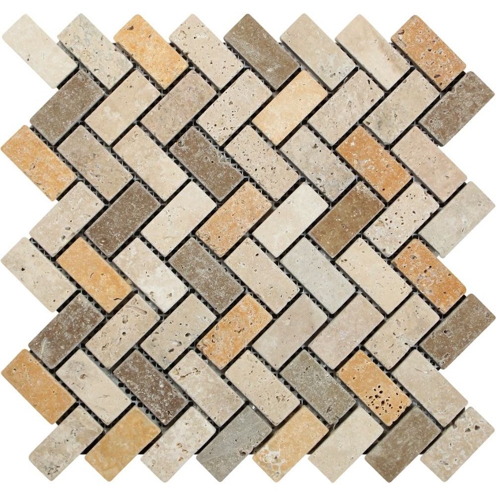 Mixed Travertine Tumbled 1 X 2 Herringbone Mosaic Tile-Travertine Mosaic-American Tile Depot