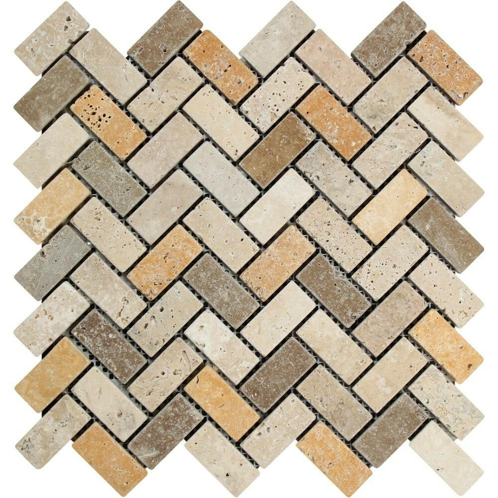 Mixed Travertine Tumbled 1 X 2 Herringbone Mosaic Tile-Travertine Mosaic-American Tile Depot