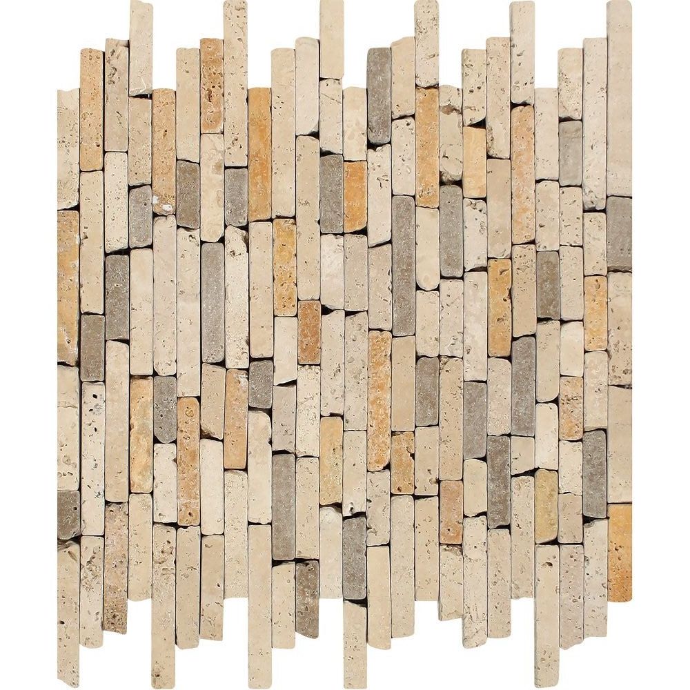 Mixed Travertine Tumbled Random Strip Mosaic Tile-Travertine Mosaic-American Tile Depot