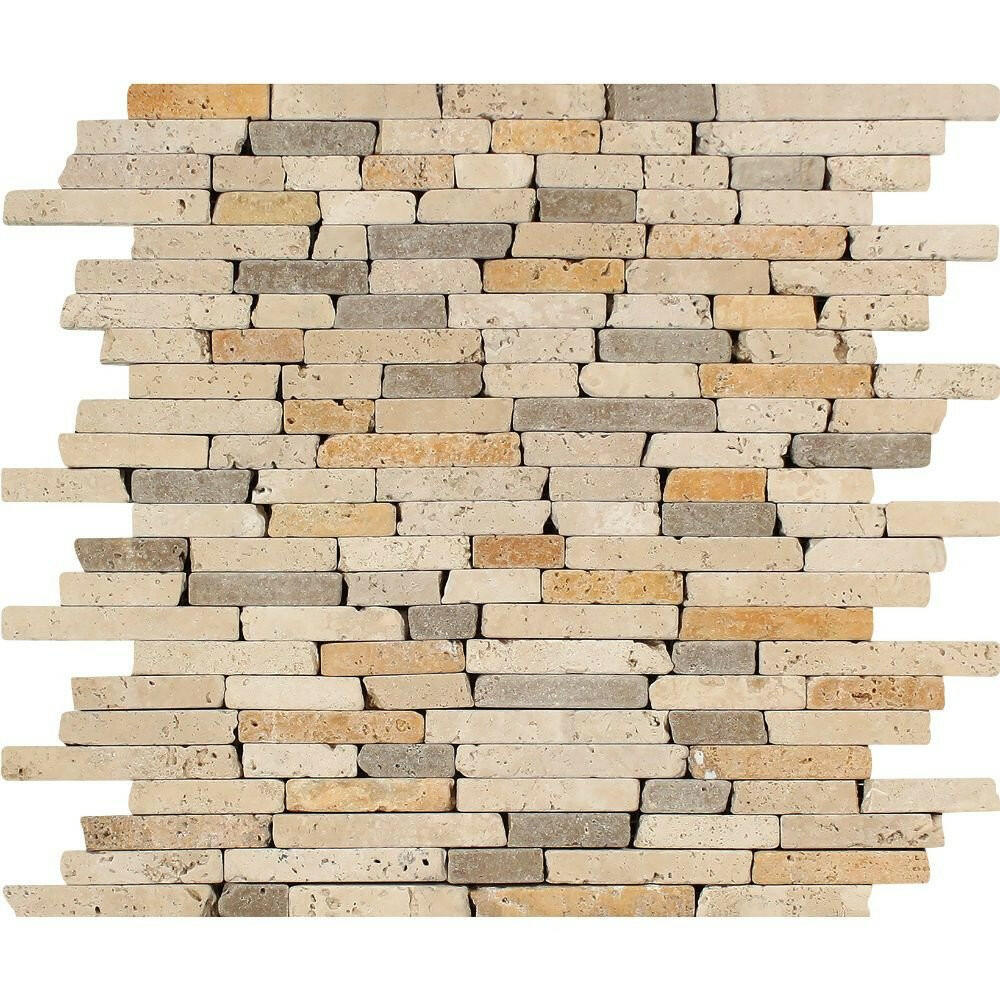 Mixed Travertine Tumbled Random Strip Mosaic Tile-Travertine Mosaic-American Tile Depot