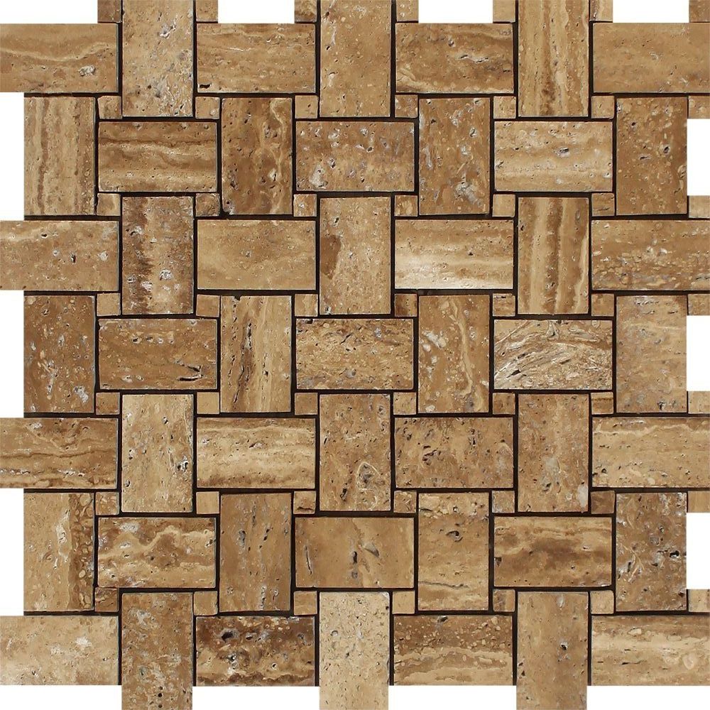 Noce Exotic Travertine (Vein-Cut) Brushed & Unfilled Basketweave Mosaic Tile-Travertine Mosaic-American Tile Depot