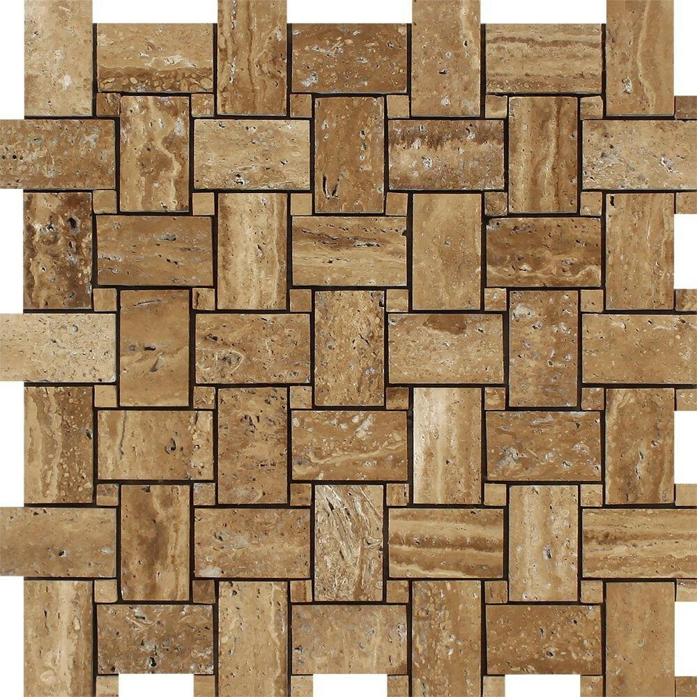 Noce Exotic Travertine (Vein-Cut) Brushed & Unfilled Basketweave Mosaic Tile-Travertine Mosaic-American Tile Depot