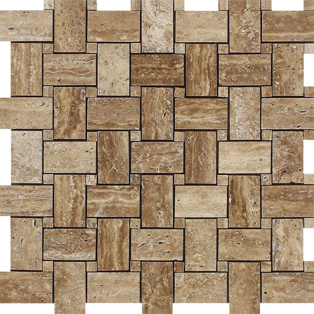 Noce Exotic Travertine (Vein-Cut) Polished & Unfilled Basketweave Mosaic Tile-Travertine Mosaic-American Tile Depot