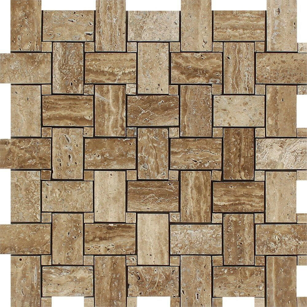 Noce Exotic Travertine (Vein-Cut) Polished & Unfilled Basketweave Mosaic Tile-Travertine Mosaic-American Tile Depot