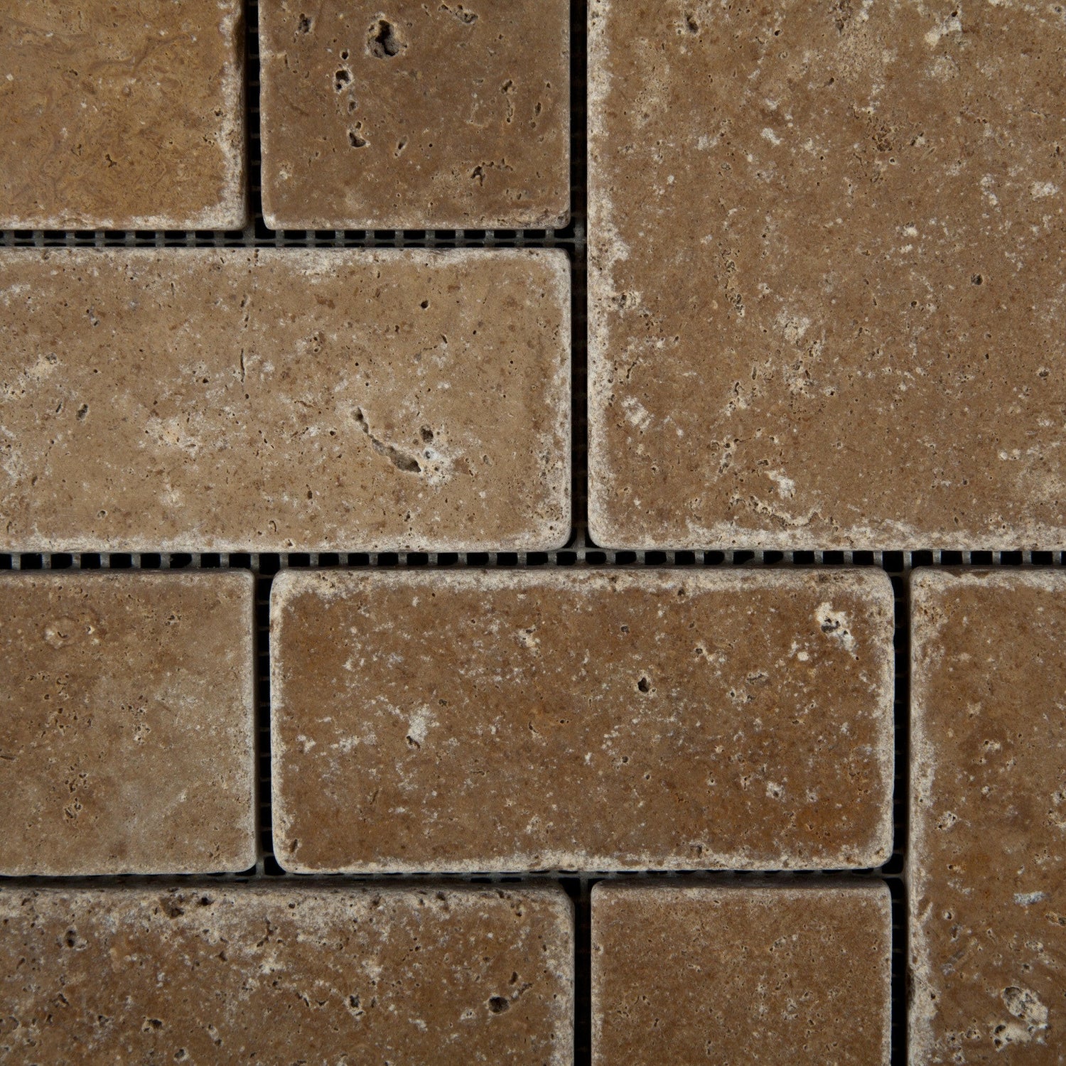 Noce Travertine 3-Pieced Mini-Pattern Tumbled Mosaic Tile-Travertine Mosaic-American Tile Depot