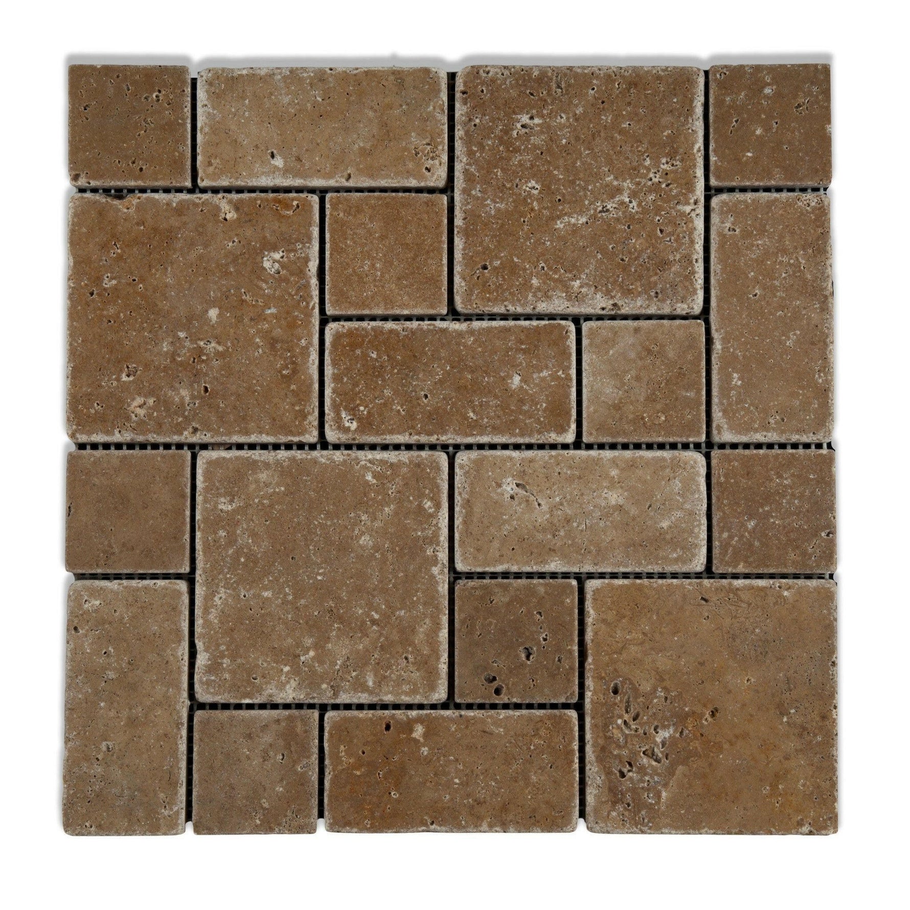 Noce Travertine 3-Pieced Mini-Pattern Tumbled Mosaic Tile-Travertine Mosaic-American Tile Depot