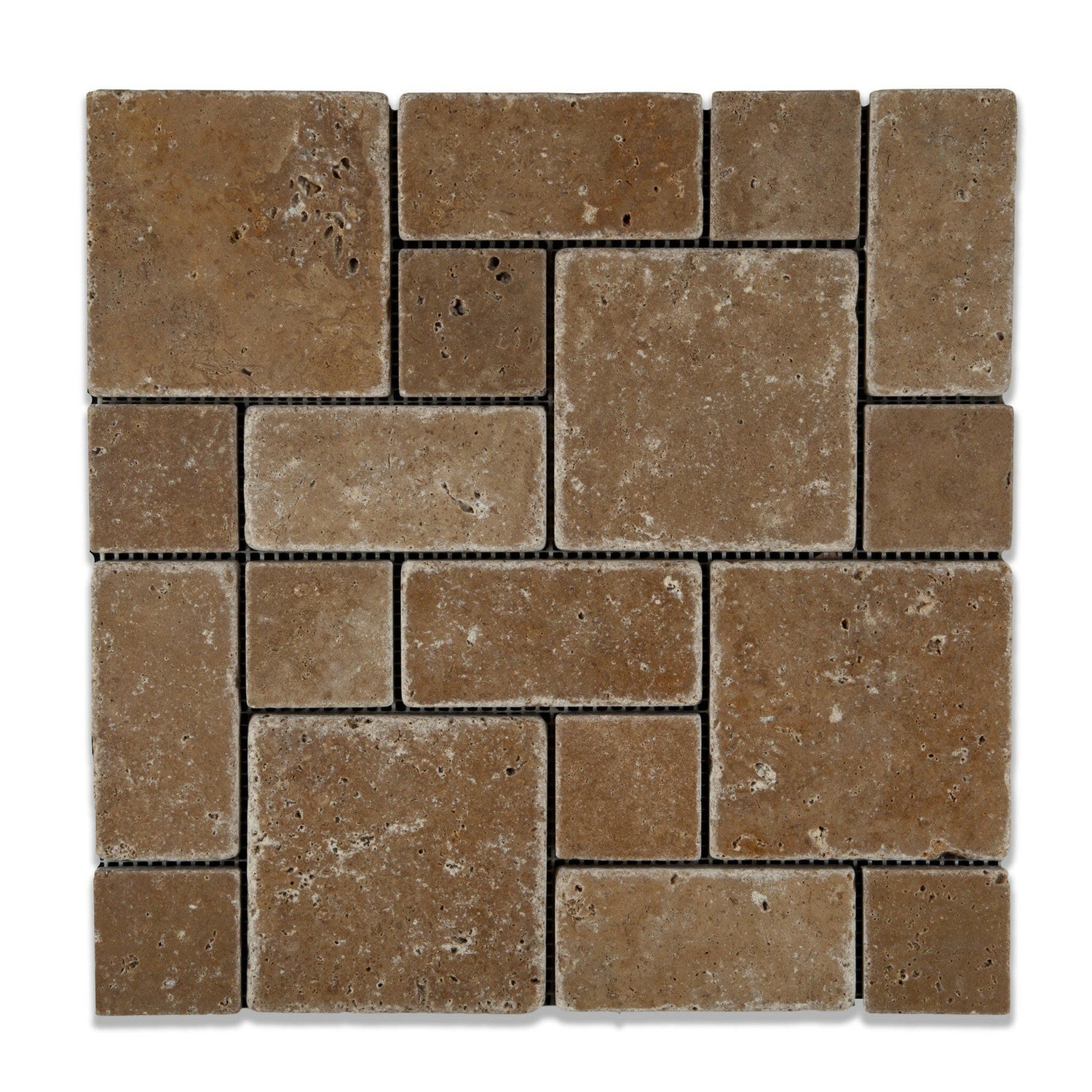 Noce Travertine 3-Pieced Mini-Pattern Tumbled Mosaic Tile-Travertine Mosaic-American Tile Depot