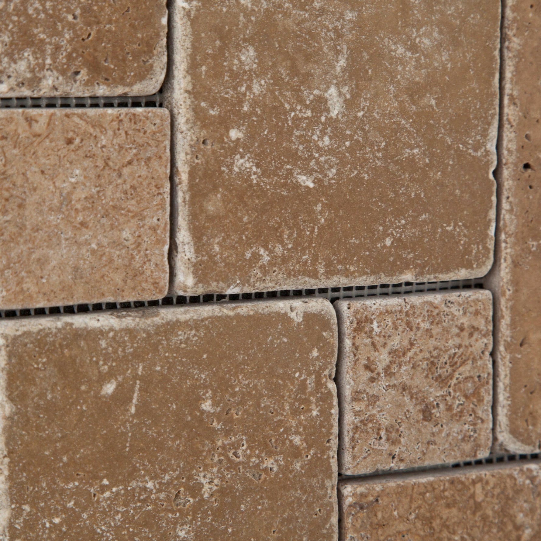 Noce Travertine 4-Pieced OPUS Mini-Pattern Tumbled Mosaic Tile-Travertine Mosaic-American Tile Depot