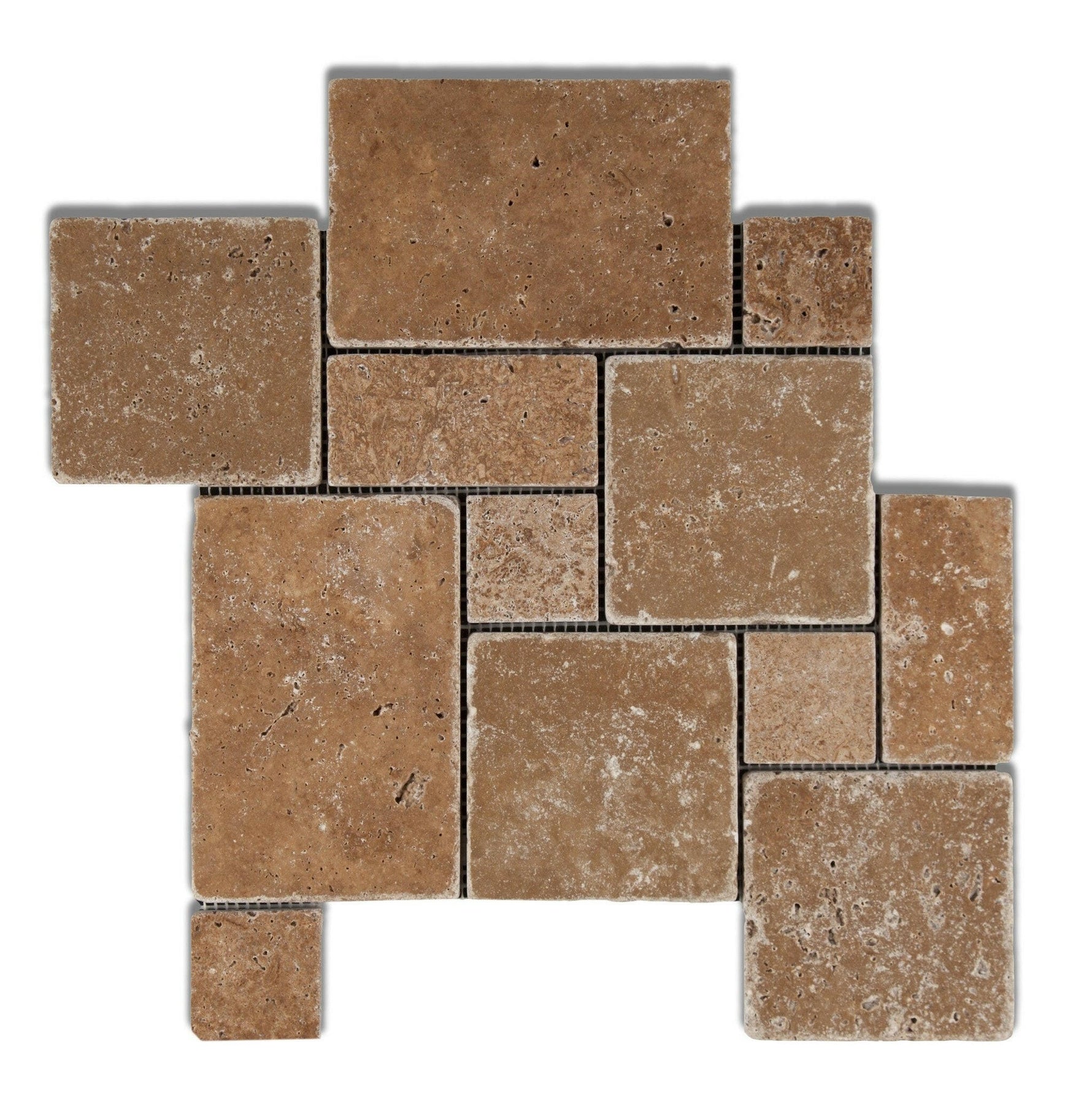 Noce Travertine 4-Pieced OPUS Mini-Pattern Tumbled Mosaic Tile-Travertine Mosaic-American Tile Depot