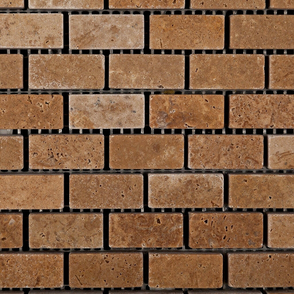 Noce Travertine Mini Brick Tumbled Mosaic Tile-Travertine Mosaic-American Tile Depot