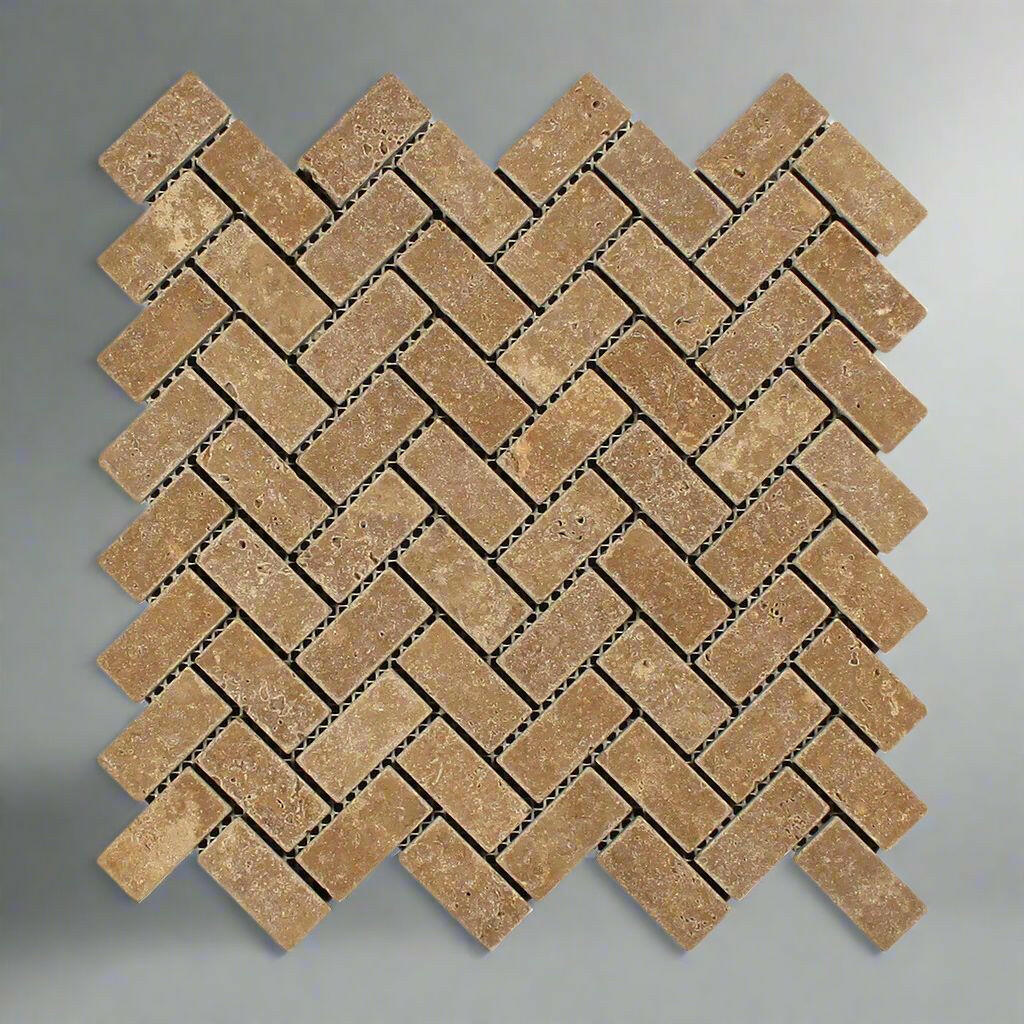 Noce Travertine Tumbled 1 X 2 Herringbone Mosaic Tile-Travertine Mosaic-American Tile Depot