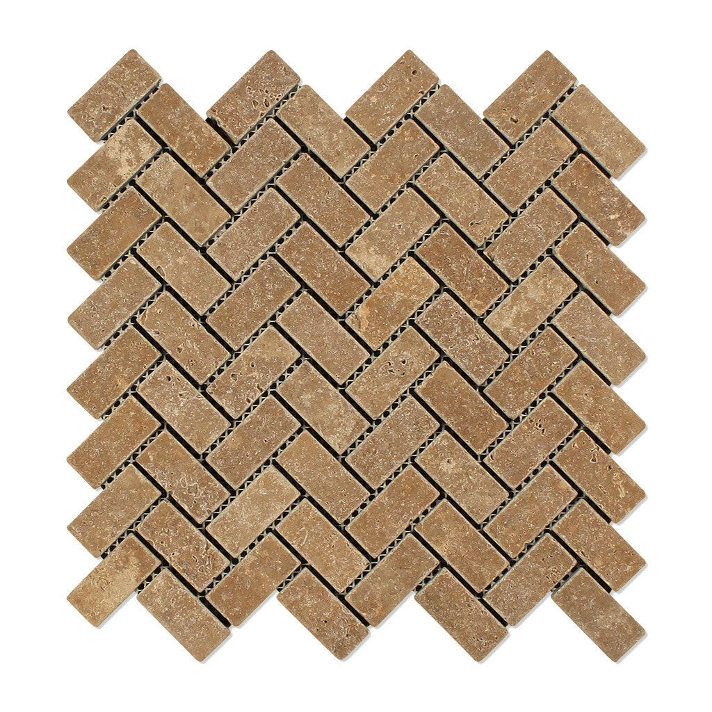 Noce Travertine Tumbled 1 X 2 Herringbone Mosaic Tile-Travertine Mosaic-American Tile Depot