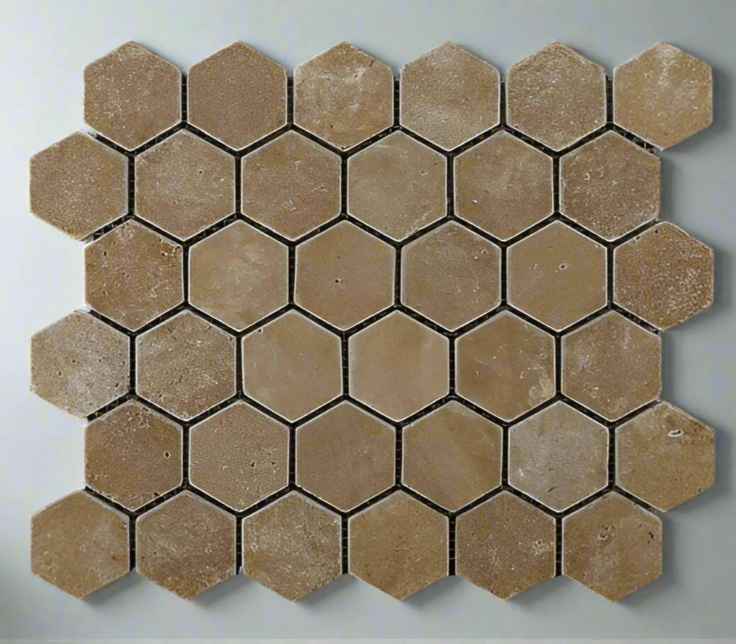 Noce Travertine Tumbled 2'' Hexagon Mosaic Tile-Travertine Mosaic-American Tile Depot