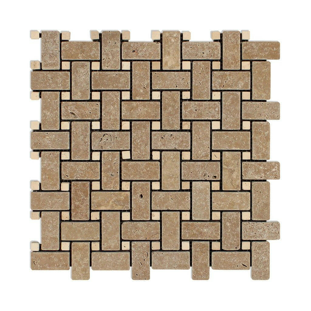 Noce Travertine Tumbled Basketweave Mosaic Tile w/ Ivory Dots-Travertine Mosaic-American Tile Depot