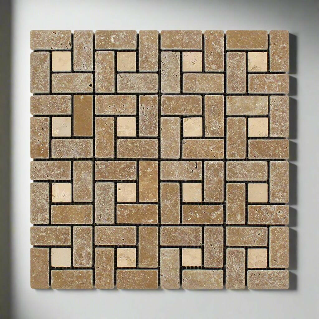 Noce Travertine Tumbled Large Pinwheel Mosaic Tile w/ Ivory Dots-Travertine Mosaic-American Tile Depot