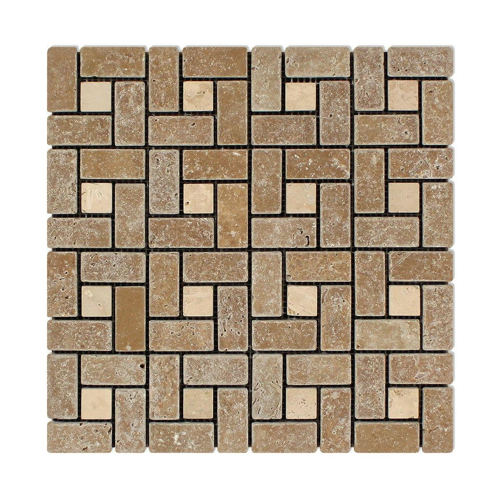 Noce Travertine Tumbled Large Pinwheel Mosaic Tile w/ Ivory Dots-Travertine Mosaic-American Tile Depot