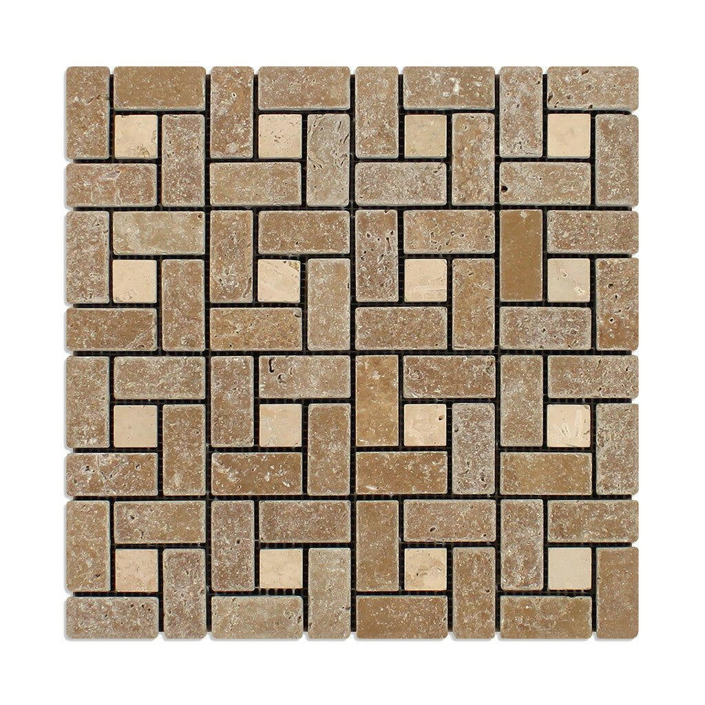 Noce Travertine Tumbled Large Pinwheel Mosaic Tile w/ Ivory Dots-Travertine Mosaic-American Tile Depot