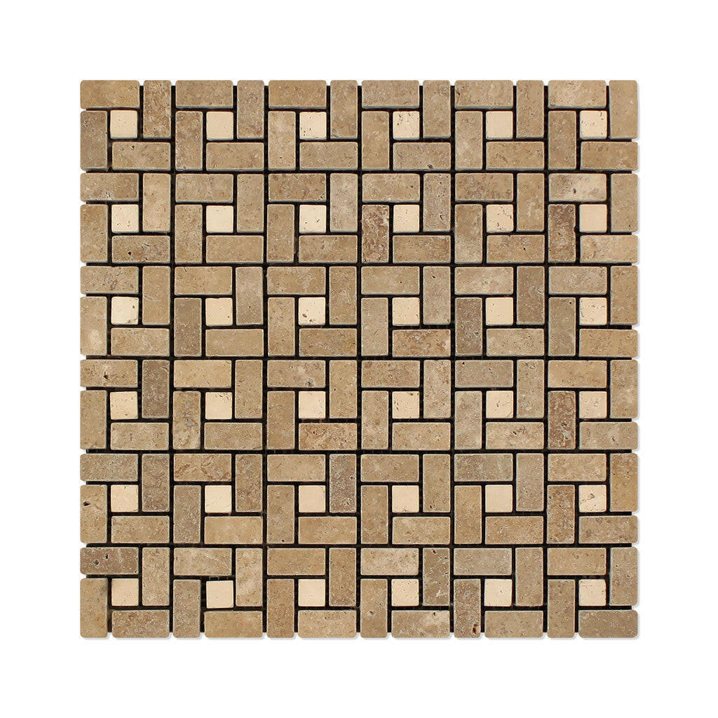 Noce Travertine Tumbled Mini Pinwheel Mosaic Tile w / Ivory Dots-Travertine Mosaic-American Tile Depot