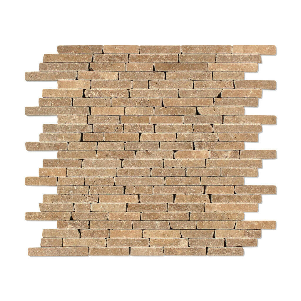 Noce Travertine Tumbled Random Strip Mosaic Tile-Travertine Mosaic-American Tile Depot