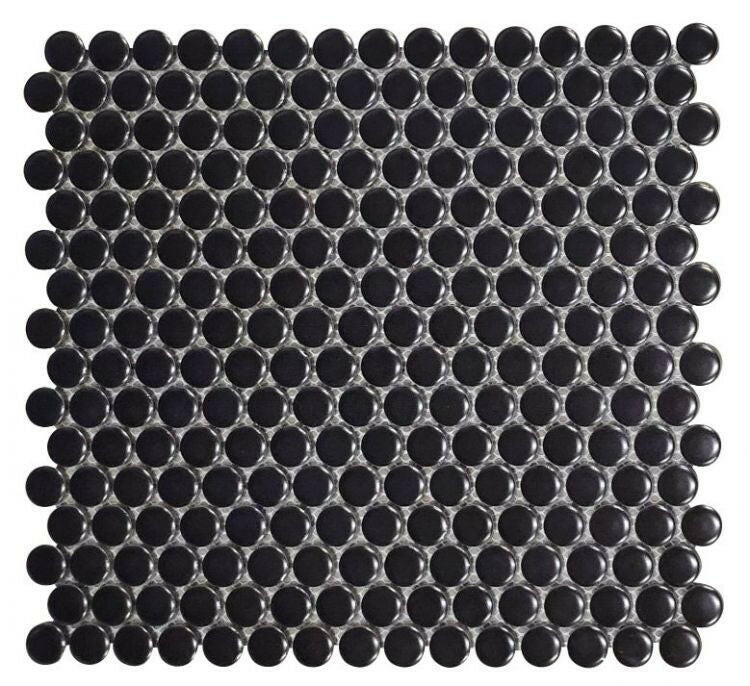 Orb Night Black Matte Penny Round Handmade Porcelain Mosaic Tile-Porcelain Mosaic-American Tile Depot