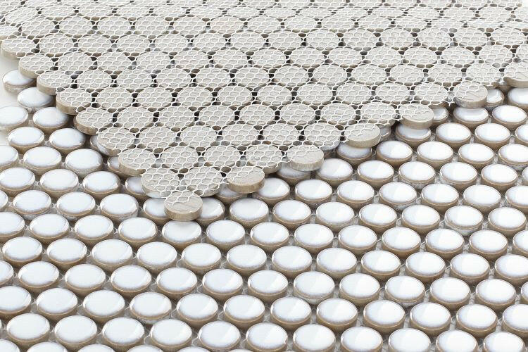 Orb Noon Fancy White Penny Round Handmade Porcelain Mosaic Tile-Porcelain Mosaic-American Tile Depot